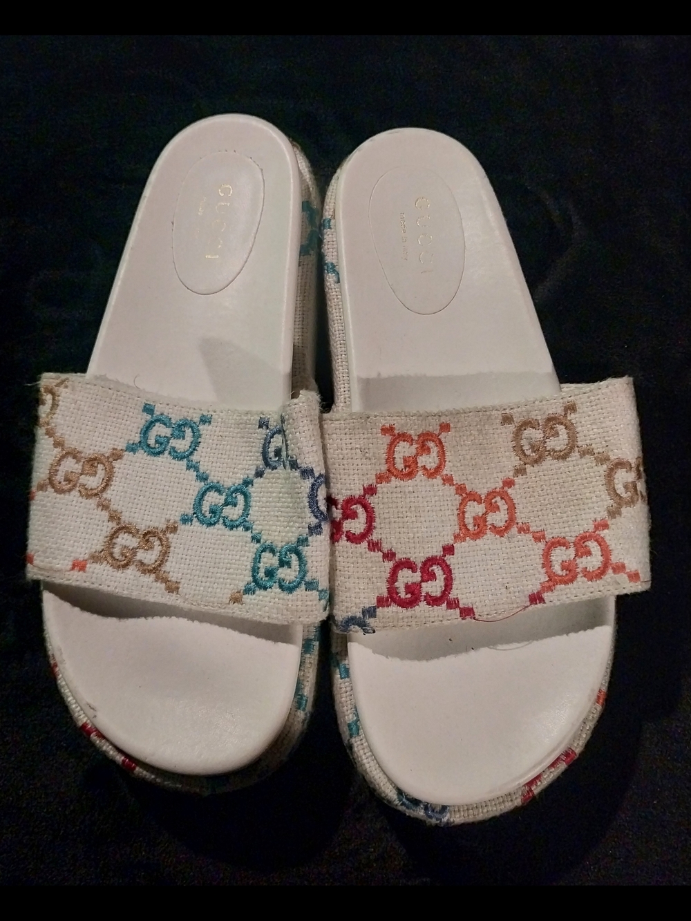 Gucci White Multicolor GG Canvas Slide Sandals